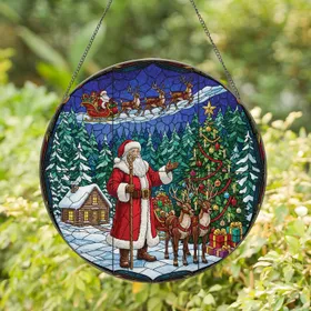 Santa Claus Reindeer Sleigh Wrapped Gifts Christmas Tree Snowy Cabin - Holiday Home Decor Stained Glass Suncatcher