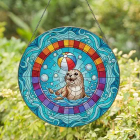 Luminous Seal Pup Beach Ball Stained Glass Mosaic Bubbles - Home Decor Gift for Wildlife Lover Stained Glass Suncatcher