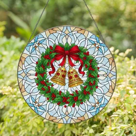 Golden Christmas Bells Holly Wreath Red Ribbon - Holiday Home Decor Stained Glass Suncatcher