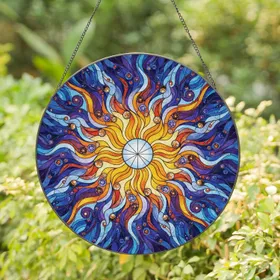 Tiffany Inspired Sunburst Clear Circle Curvilinear Segments Cabochon Gems - Home Decor Gift Stained Glass Suncatcher