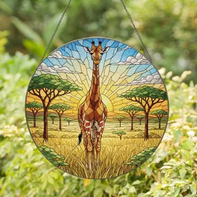 Giraffe Savanna Field Acacia Trees Golden Light - Home Decor Gift for Wildlife Lovers Stained Glass Suncatcher
