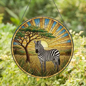 Zebra Savanna Acacia Tree Sunburst Rolling Hills Landscape - Wildlife Lover Decor Gift Stained Glass Suncatcher