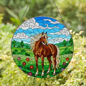 Brown Horse Wildflower Meadow - Home Decor Gift for Horse Lover Stained Glass Suncatcher