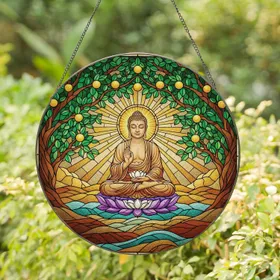 Golden Sunburst Buddha Meditation Bodhi Tree Lotus - Home Decor Gift for Yoga Lover Stained Glass Suncatcher
