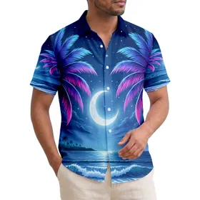 Neon Palm Trees Crescent Moon Ocean Beach - Tropical Vacation Gift Hawaiian Shirt