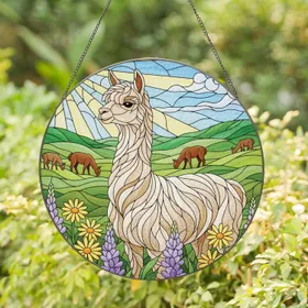 Alpaca Rolling Hills Lupine Daisies - Home Decor Gift for Alpaca Lover Stained Glass Suncatcher