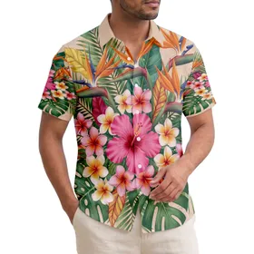Pink Hibiscus Plumeria Bird of Paradise Palm Fronds Broad Leaves - Tropical Home Decor Gift Hawaiian Shirt