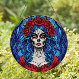 Calavera Woman Sugar Skull Blue Hair Red Roses Nocturnal Sky - Home Decor Gift Stained Glass Suncatcher