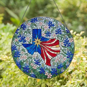 Texas Map Golden Star Bluebonnet Flowers - Home Decor Gift for Texas Lover Stained Glass Suncatcher