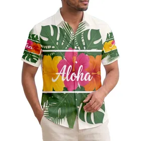 Three Hibiscus Flowers Aloha Text Monstera Palm Fronds Ocean Waves - Travel Essentials Hawaiian Shirt