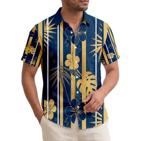 Classic Bold Dark Navy Golden Yellow White Vertical Striped Bands - Everyday Style Hawaiian Shirt