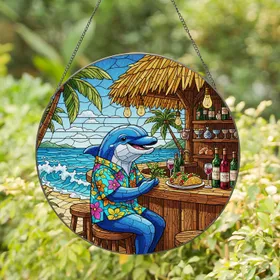 Blue Dolphin Hawaiian Shirt Beach Bar Ocean Scene - Tropical Home Decor Gift Stained Glass Suncatcher
