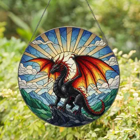 Black Dragon Mountain Peak Radiant Sunrise - Fantasy Lover Home Decor Gift Stained Glass Suncatcher