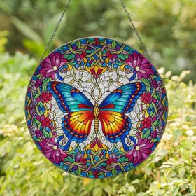 Butterfly Web Floral Vines Berry Buds - Home Decor Gift for Garden Lover Stained Glass Suncatcher