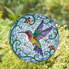 Hummingbird Floral Vines Botanical Blooms Rippling Sky - Wildlife Lover Home Decor Gift Stained Glass Suncatcher