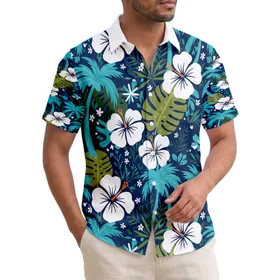 White Hibiscus Teal Palm Trees Tropical Leaves Arrangement - Home Decor Gift Hawaiian Shirt