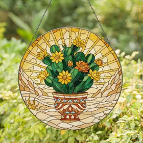 Cactus Flowers Desert Landscape Sun - Home Decor Gift for Cactus Lover Stained Glass Suncatcher