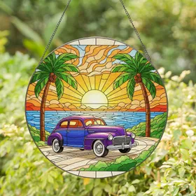 Vintage Sedan Car Coastal Sunset Palm Trees - Home Decor Gift for Car Lovers Stained Glass Suncatcher