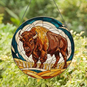 American Bison Standing Pose Rolling Plains Vast Sky - Farmhouse Home Decor Gift Stained Glass Suncatcher