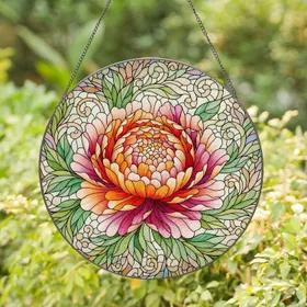 Peony Rose Blooming Petal Layers Leafy Tendril Mosaic - Home Decor Gift for Garden Lover Stained Glass Suncatcher