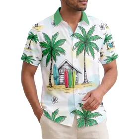 Vibrant Palm Trees Rustic Beach Hut Colorful Surfboards Sandy Beach - Tropical Vacation Gift Hawaiian Shirt
