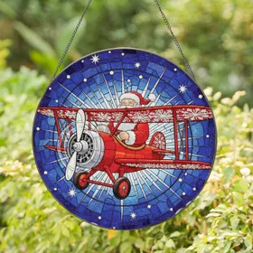 Santa Claus Biplane Snowflake Star - Christmas Gift for Pilots Stained Glass Suncatcher