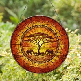 African Elephants Acacia Tree Sunset - Wildlife Lover Home Decor Gift Stained Glass Suncatcher