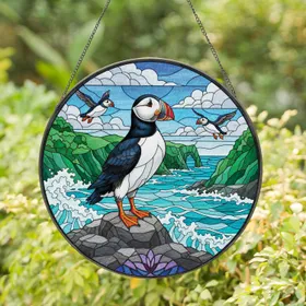 Atlantic Puffin Sea Cliffs Ocean Waves - Home Decor Gift for Wildlife Lovers Stained Glass Suncatcher