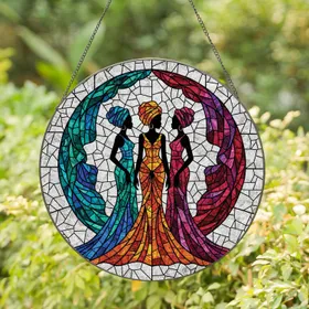 Three African Women Flowing Gowns Geometric Mosaic Translucent Stained Glass - Home Decor Gift Stained Glass Suncatcher