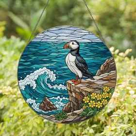 Atlantic Puffin Ocean Cliff Waves Wildflowers - Home Decor Gift for Wildlife Lover Stained Glass Suncatcher