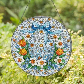 Ornate Easter Egg Blue Bow Floral Bouquet - Easter Holiday Home Decor Gift Stained Glass Suncatcher