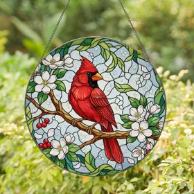 Red Cardinal Apple Blossoms Berries Home Decor Wildlife Gift Stained Glass Suncatcher