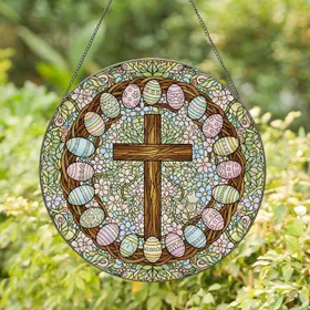 Easter Cross Wreath Brown Branches Spring Flowers Floral - Easter Home Decor Gift Stained Glass Suncatcher