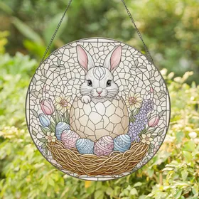 Fluffy Baby Rabbit Peeking Easter Egg Flowers Nest - Springtime Holiday Decor Gift Stained Glass Suncatcher