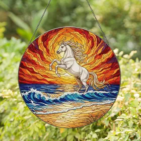 White Horse Rearing Sunset Ocean Waves Beach - Home Decor Gift for Horse Lover Stained Glass Suncatcher