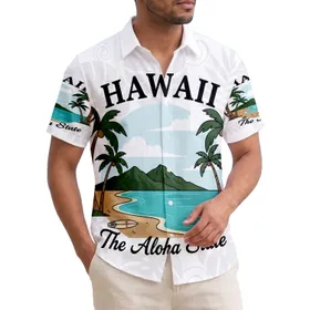 HAWAII Aloha State Beach Scene Palm Trees Surfboard Tropical Travel Enthusiast Gift Hawaiian Shirt