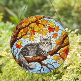 Fluffy Grey Tabby Cat Autumn Maple Leaves Tree Branch - Autumn Home Decor Gift Stained Glass Suncatcher