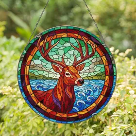 Antlered Deer Rainbow Circle Ocean Vista - Home Decor Gift for Wildlife Lover Stained Glass Suncatcher