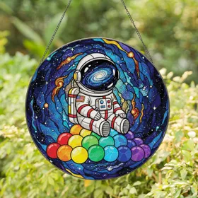 Cartoon Astronaut Colorful Galaxy Candy American Flag - Home Decor Gift for Space Lover Stained Glass Suncatcher