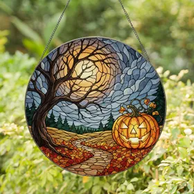 Jack-o'-lantern Spooky Tree Autumn Night - Halloween Home Decor Stained Glass Suncatcher