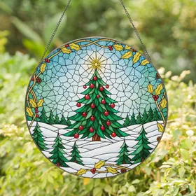 Christmas Tree Baubles Snowy Landscape Holly Berries - Holiday Decor Stained Glass Suncatcher