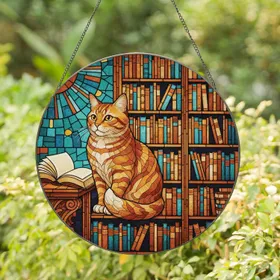 Ginger Cat Library Books - Home Decor Gift for Book Lovers Stained Glass Suncatcher