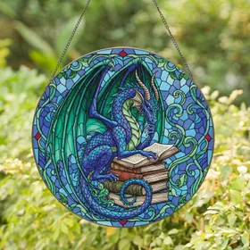 Horned Dragon Ancient Books Swirling Foliage - Home Decor Gift for Dragon Lover Stained Glass Suncatcher
