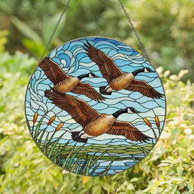 Canada Geese Flight Reeds Cattails - Home Decor Gift for Bird Watchers Stained Glass Suncatcher