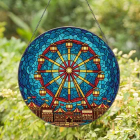 Ferris Wheel Amusement Park Scene Lantern Gondolas - Home Decor Gift Stained Glass Suncatcher