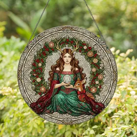 Antler Elf Maiden Fawn Glowing Crystal Orb Christmas Wreath Home Decor Gift Stained Glass Suncatcher