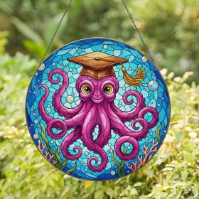 Jovial Magenta Octopus Academic Graduation Cap - Ocean Graduation Gift Stained Glass Suncatcher