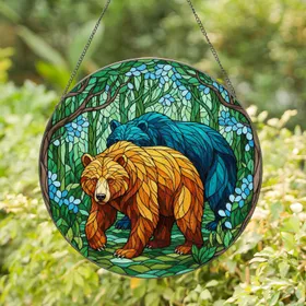 Orange Teal Bears Emerald Forest Canopy - Wildlife Home Decor Gift for Bear Lovers Stained Glass Suncatcher