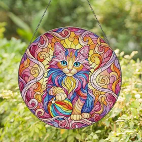 Fluffy Kitten Segmented Ball Abstract Swirls Organic Shapes - Home Decor Gift for Cat Lovers Stained Glass Suncatcher