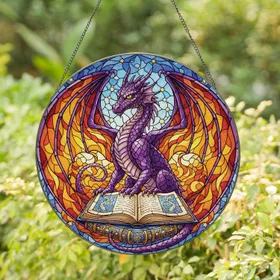 Purple Dragon Amber Fire Wings Ancient Book Celestial Scene - Fantasy Home Decor Gift Stained Glass Suncatcher